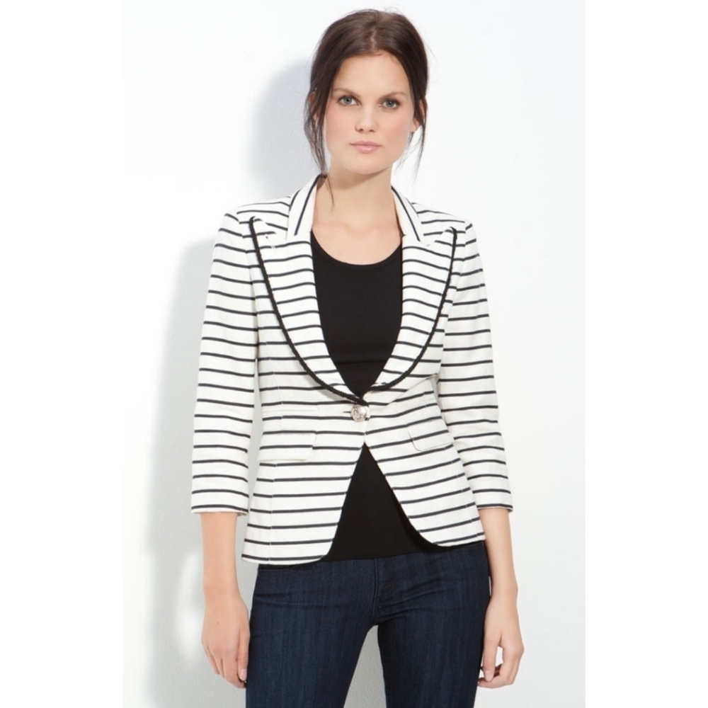 Smythe Linen White Black Striped Natural Fiber Preppy Nautical Blazer 8